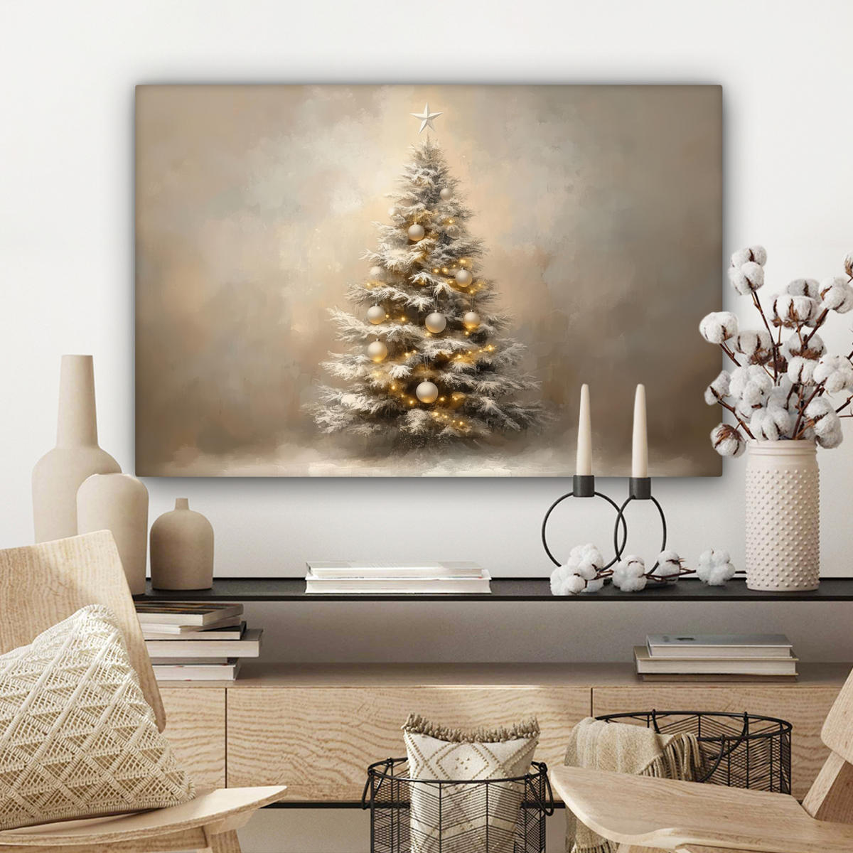 LEINWANDBILD Weihnachten - Weihnachtsbaum - Schnee - Kunst Wanddeko 90x60 cm - Champagner, Textil (90/60cm) - MuchoWow