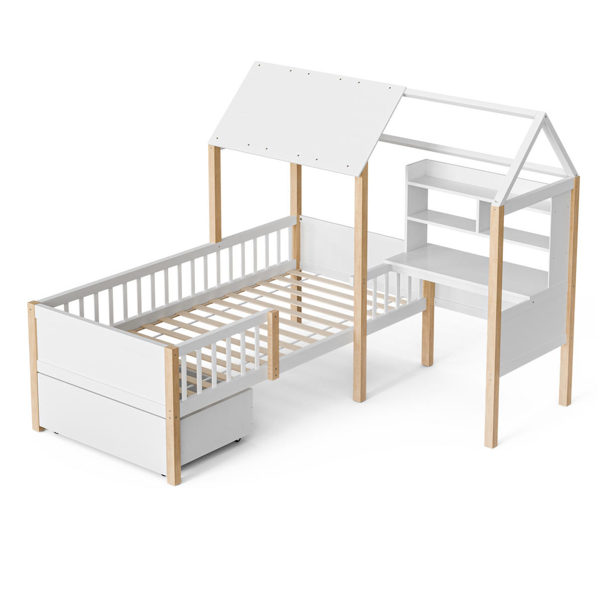 KINDERBETT 90/200 cm Weiß aus Massivholz und MDF mit Schreibtisch und Regal - Weiß, Holz (90/200cm) - OKMYHOME