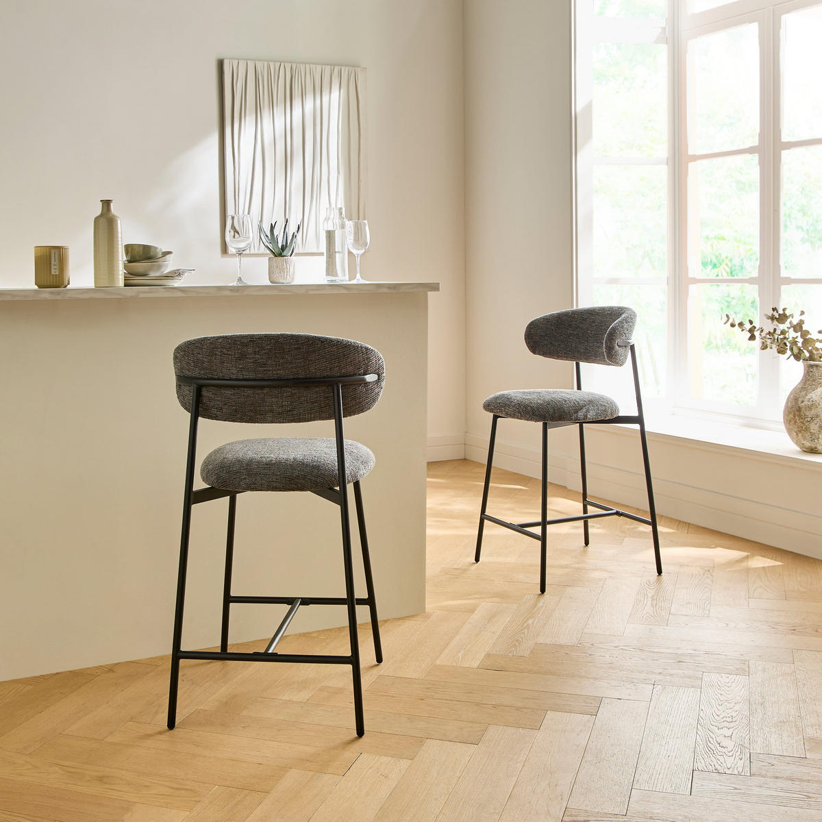 2ER-SET Hocker aus meliertem Stoff mit Metallbeinen Draco 52/53/94 cm - Grau, Holzwerkstoff (53/94/55cm) - Calicosy