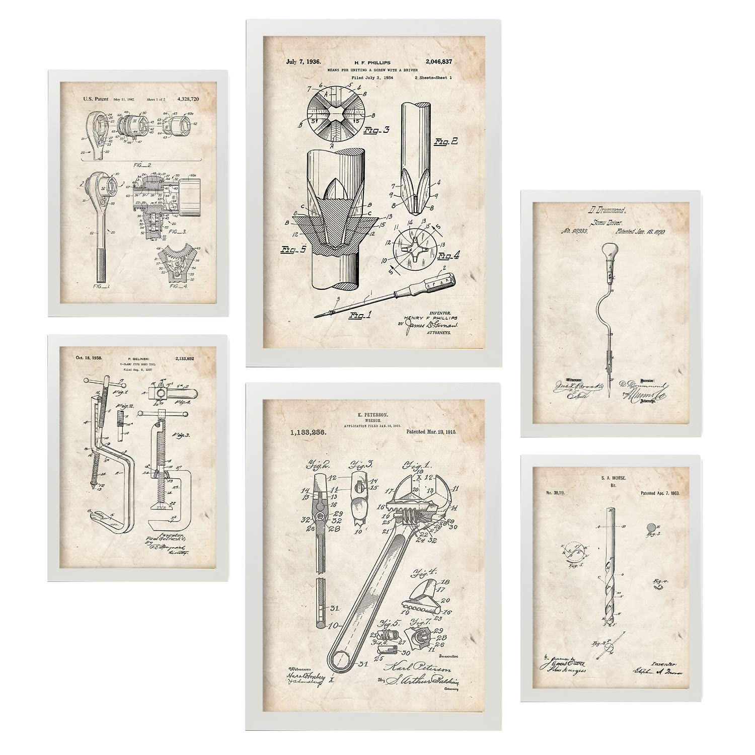 POSTER Set Mit 6 Plakaten Mit Bauwerkzeuge 1 Patenten Im Vintage Stil A3 & A4 Weißer Rahmen - Weiß, Papier (29/3cm) - Nacnic