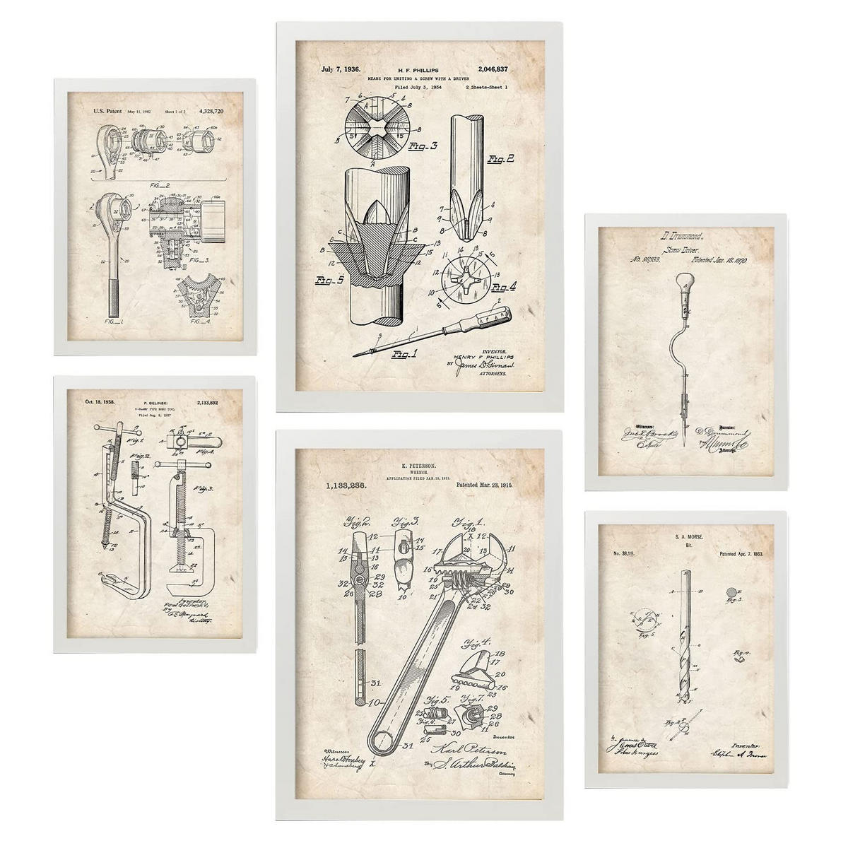 POSTER Set Mit 6 Plakaten Mit Bauwerkzeuge 1 Patenten Im Vintage Stil A3 & A4 Weißer Rahmen - Weiß, Papier (29/3cm) - Nacnic