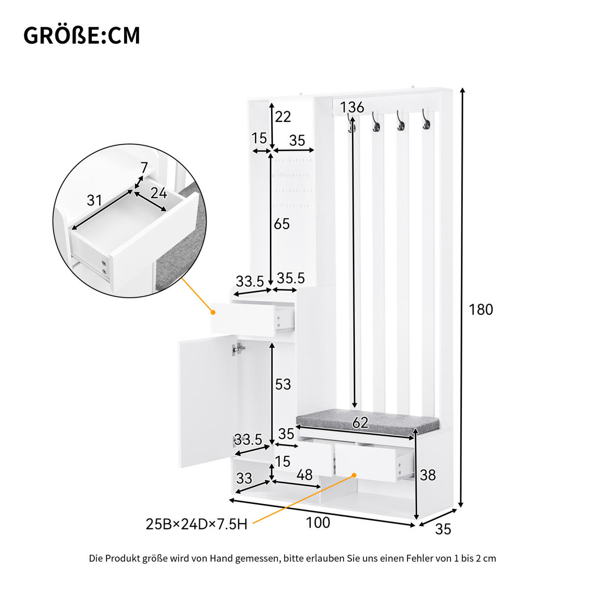 FLURGARDEROBE 35/100/180 cm mit Sitzbank, Stecktafel, Schublade und 4 Haken, Weiß - Weiß, Holzwerkstoff (100/180/35cm) - Redom