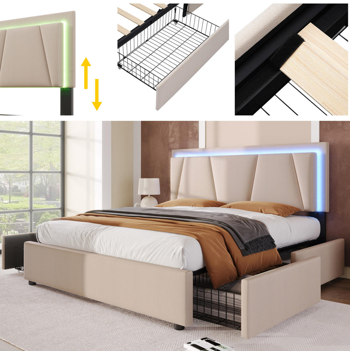 POLSTERBETT 160/200 cm mit LED-Beleuchtung, 4 Schubladen und verstellbarem Kopfteil - Beige, Holz (160/200cm) - BEAOK