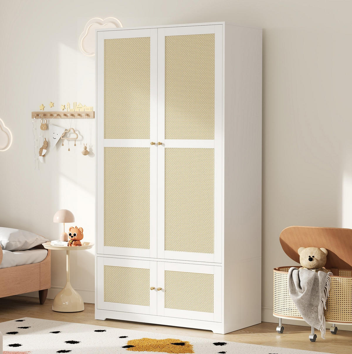 KLEIDERSCHRANK 90/180/48 cm Weiß aus MDF mit Rattantüren - Weiß, Holzwerkstoff (48/180/90cm) - OKMYHOME
