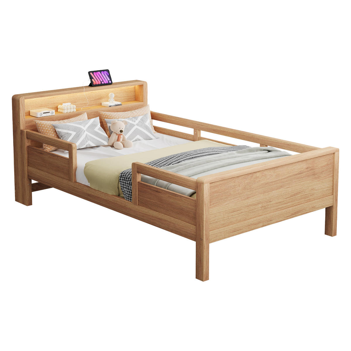 KINDERBETT 90/200 cm DE-01377, in Holzfarbe, mit LED - Naturfarben, Holz (90/200cm) - ComfortXL