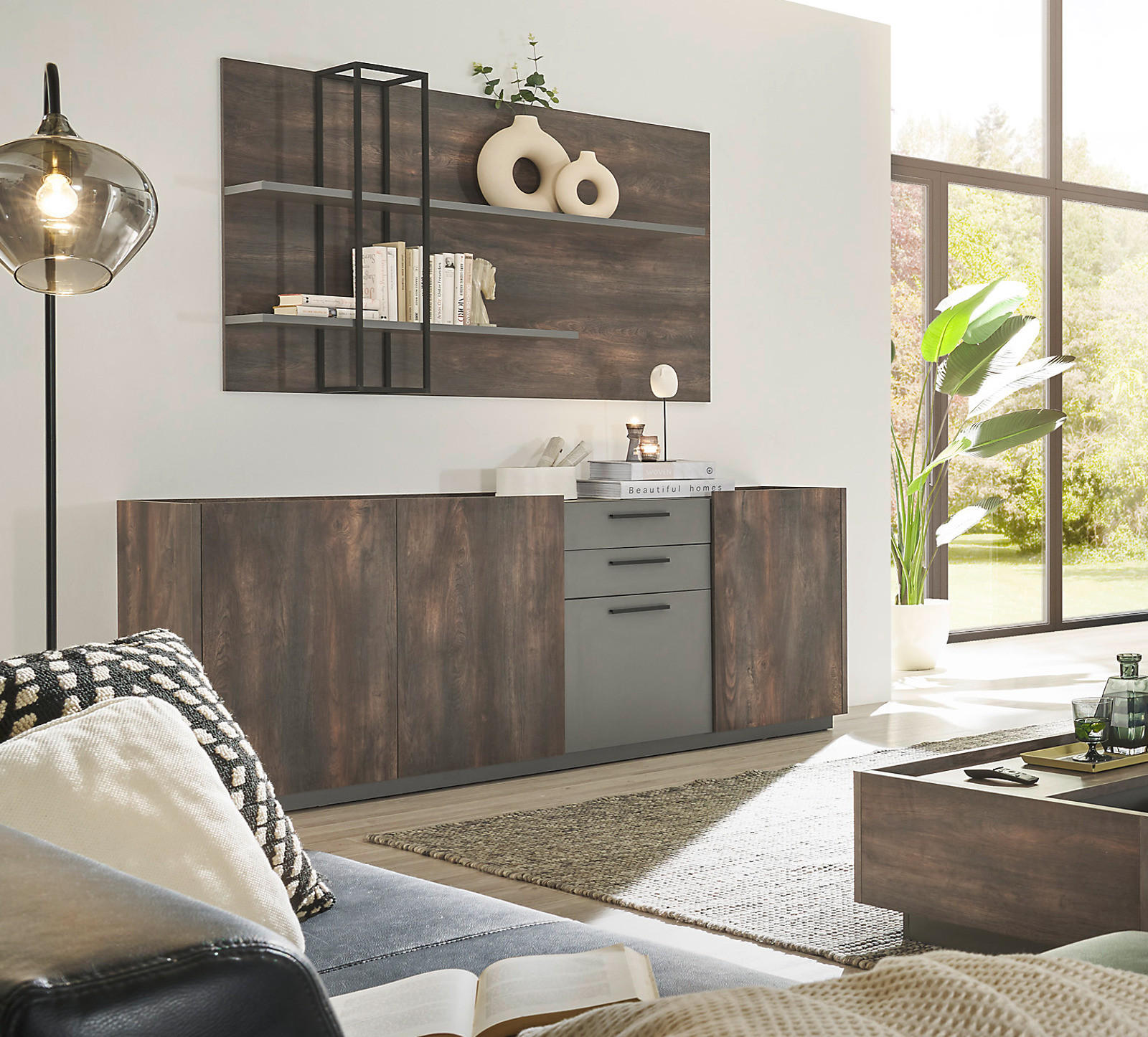 SIDEBOARD Thermo Eiche, grau, Kommode mit Soft-Close 200 x 80 cm - Eichefarben/Schwarz, Holzwerkstoff/Kunststoff (200/80/45cm) - Furn.Design