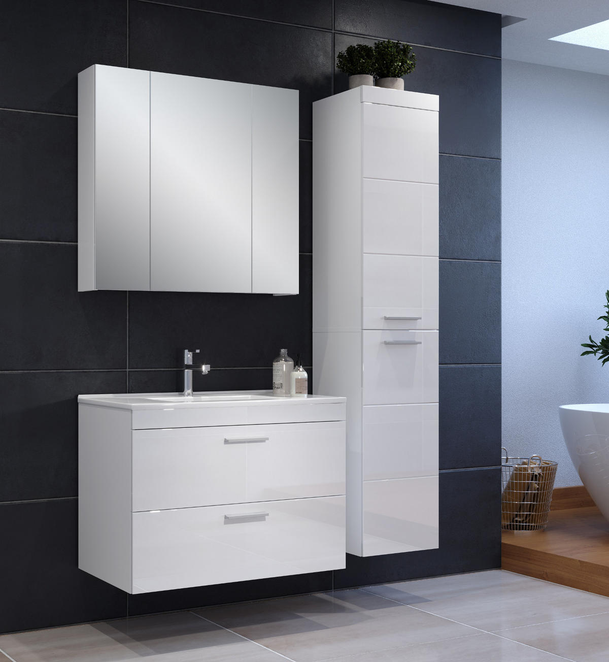 WASCHBECKENUNTERSCHRANK mit Waschbecken weiß Hochglanz, Waschtisch hängend 81 x 59 cm - Weiß Hochglanz/Silberfarben, Holzwerkstoff/Kunststoff (81/59/47cm) - Top.Furn