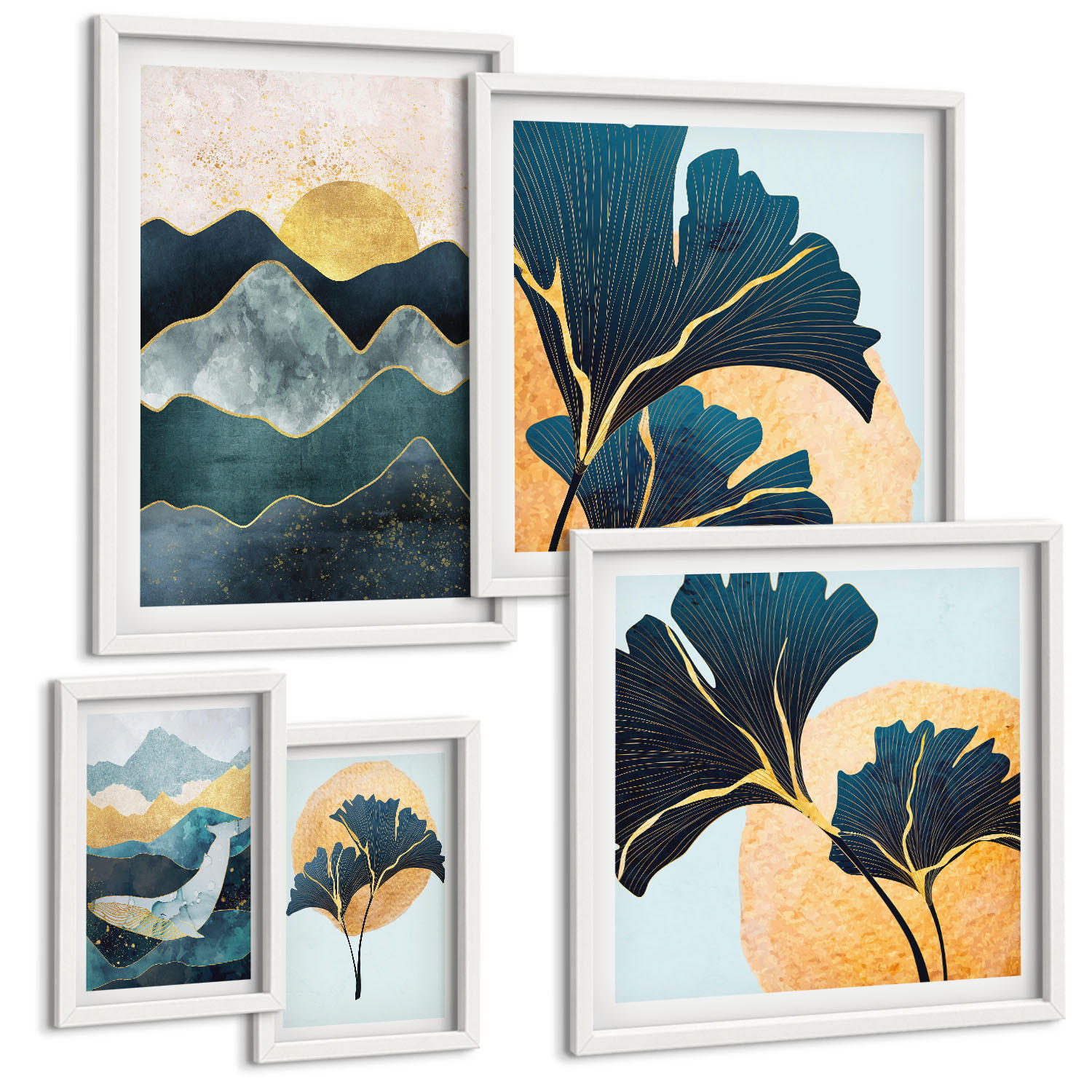 BILDER SET 5er Set - 50x50 cm & 20x30 cm & 40x60 cm Weißer Rahmen - Fruchtige Muster italienischer Wein - Weiß, Kunststoff (40/60cm) - TULUP