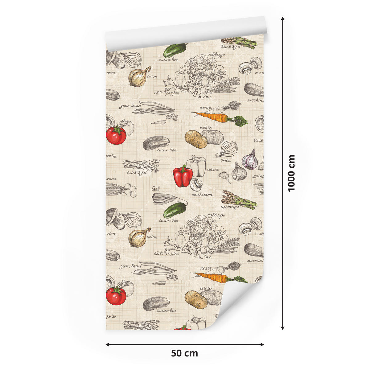 VLIESTAPETE Gemüse und Schriftzüge im Retro-Stil – Bunt, Beige – 50x1000 cm - Beige/Multicolor, Papier (50/1000cm) - Muralo