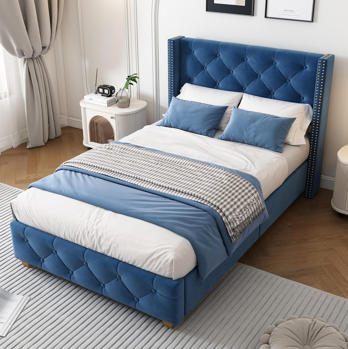 TAPECIRANI krevet 90/200 cm plavi od baršuna s uzglavljem i letvičastom podlogom - plava, tekstil (90/200cm) - OKWISH