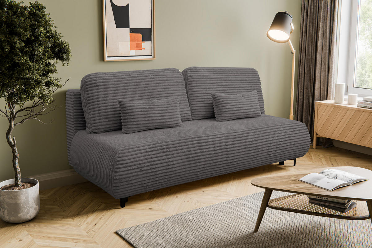 SCHLAFSOFA Etna mit Schlaffunktion und Bettkasten, Farbe: Grau, Cordstoff, Ottomane Unsiversal - Grau, Textil (205/80/90cm) - VENASI MÖBEL