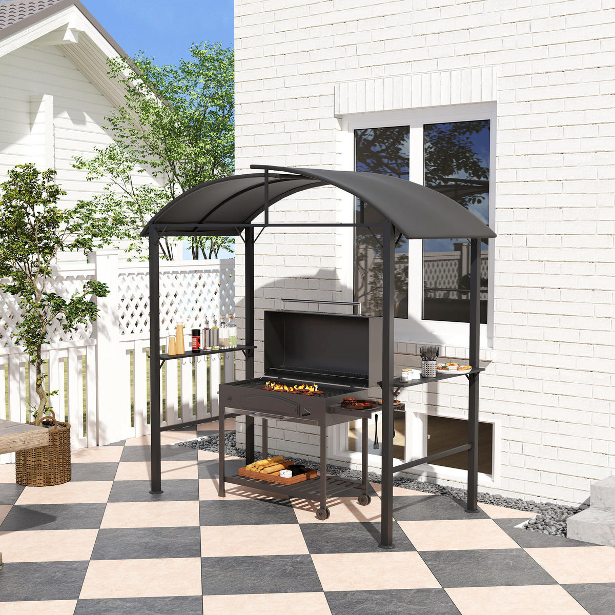 GRILLPAVILLON mit Doppeldach 233 x 110 x 235 cm - Dunkelgrau, Metall (110/235/233cm) - Outsunny