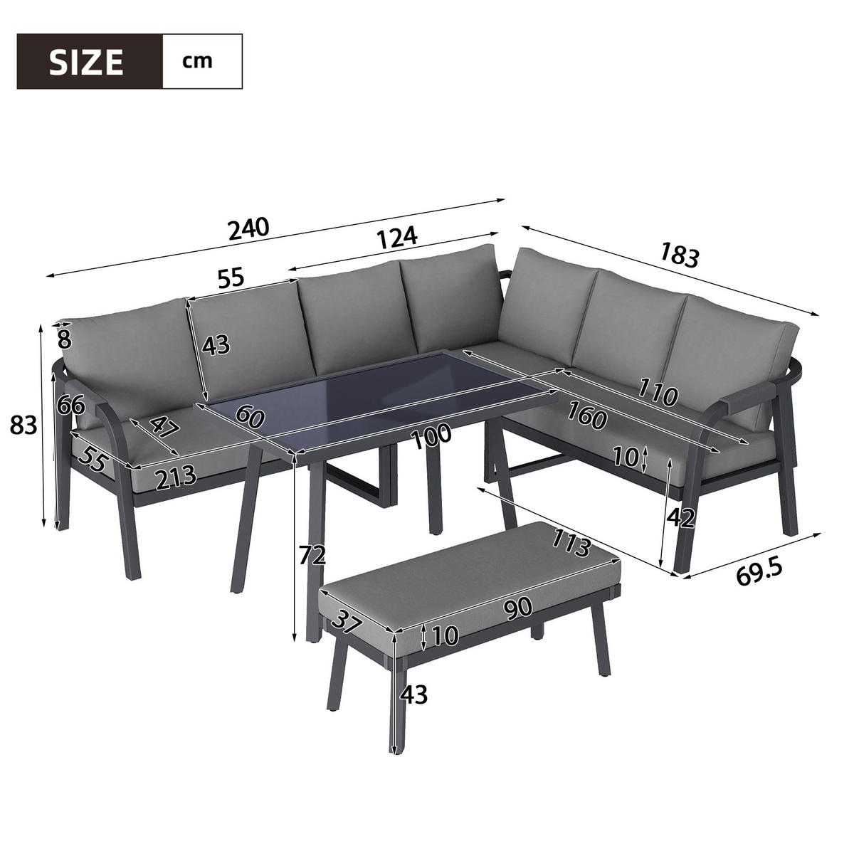 GARTEN-ESSGRUPPE 240/183/40 cm grau aus Stahl und Polyester für bis zu 8 Personen - Grau, Holzwerkstoff - OKWISH