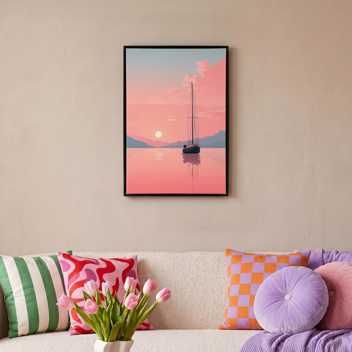 LEINWAND Bilder mit Rahmen - Segelboot - Rosa Meer - Sonnenuntergang - Berge - 40x60 - Rosa, Textil (40/60cm) - OnlyWow