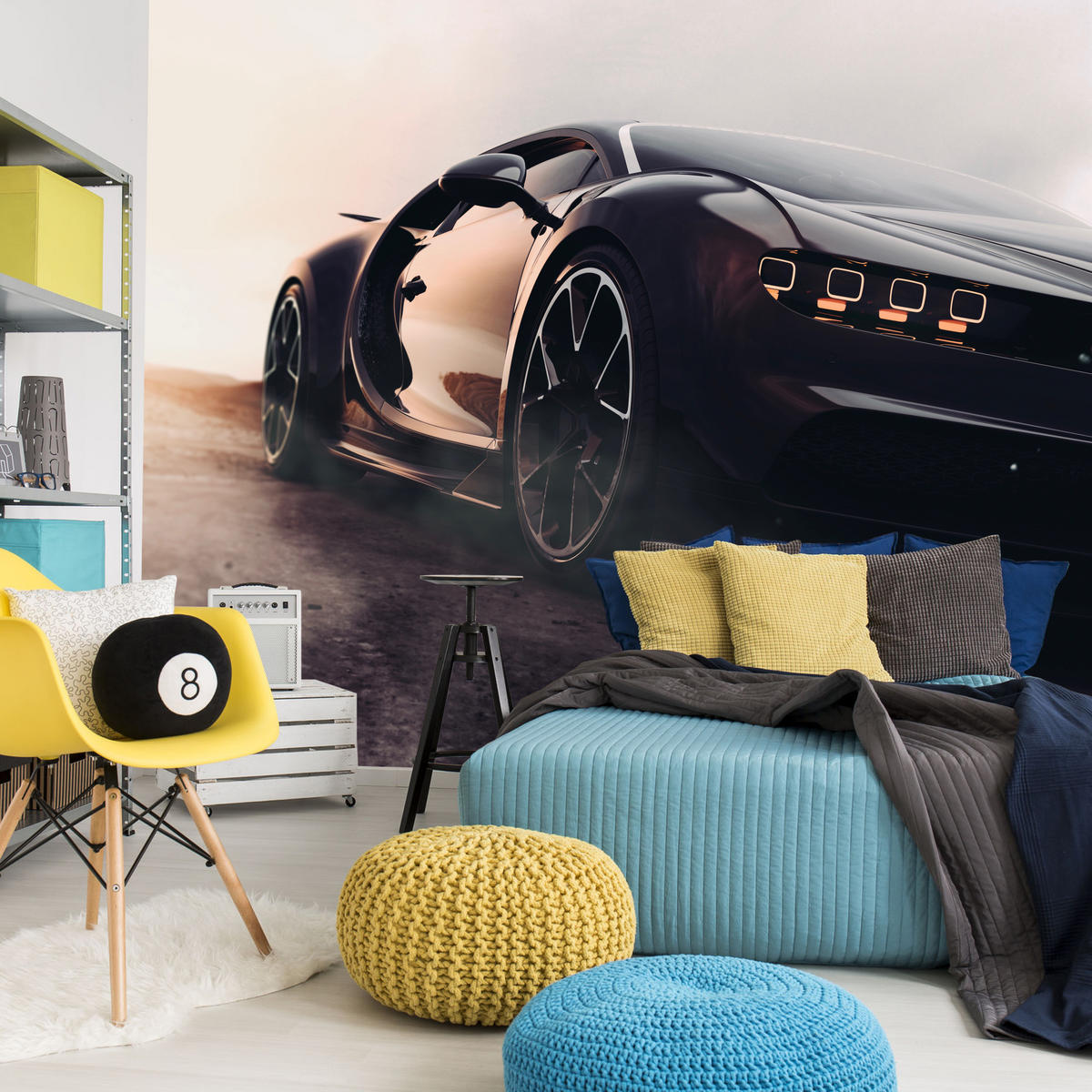 FOTOTAPETE für Jugendzimmer Schwarzer Sportwagen Wüste Luxus Auto Sand 300x210 - Gelb/Weiß, Papier (300/210cm) - Muralo