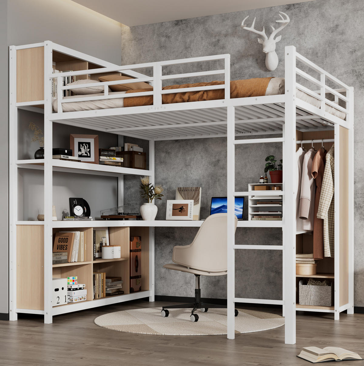 HOCHBETT 140/200 cm aus Metall und Holzwerkstoff mit Schreibtisch und Kleiderschrank Weiß/Natur - Weiß, Metall (140/200cm) - Modenvie