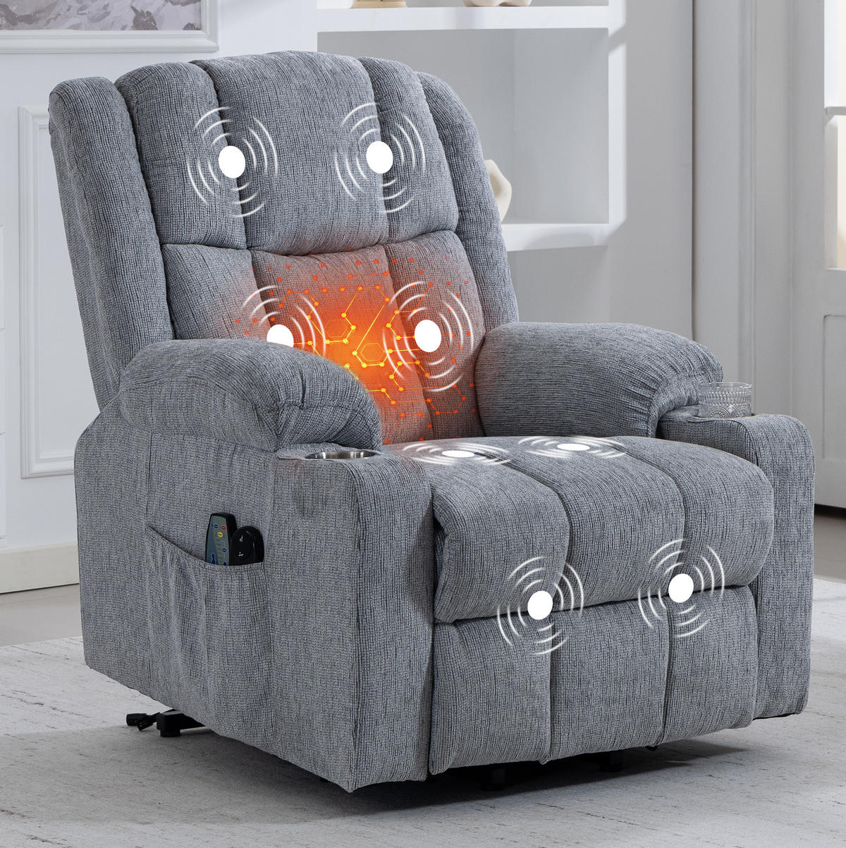 RELAXAČNÍ křeslo světle šedé ze sametu s elektrickým polohováním, výklopnou pomocí a masáží - světle šedá, textil (84/106/91cm) - OKWISH