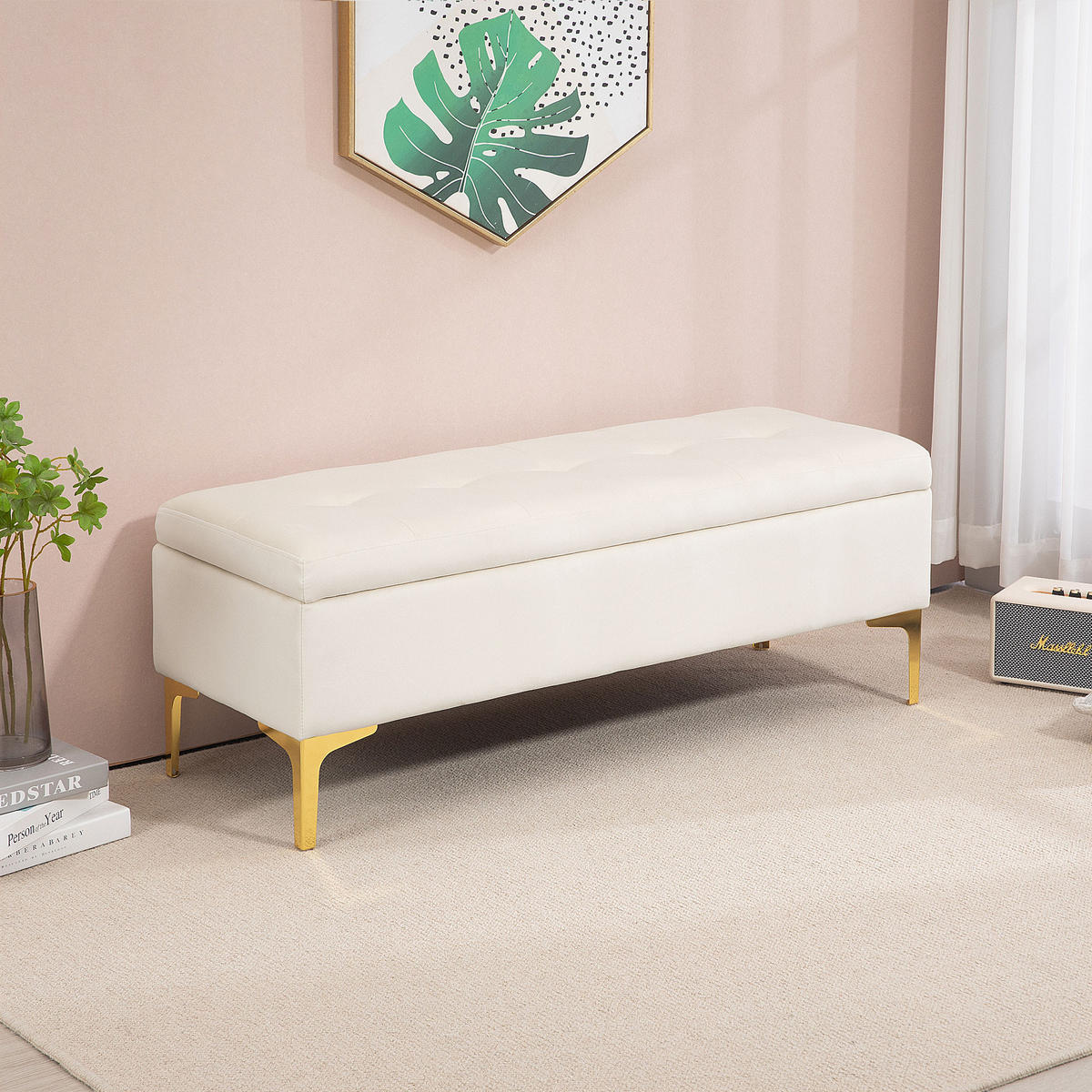 SITZBANK mit Stauraum, Polsterbank mit Samtoptik, Metallbeine, für Wohnzimmer - Beige/Goldfarben, Kunststoff/Textil (44/44.5/120cm) - HOMCOM