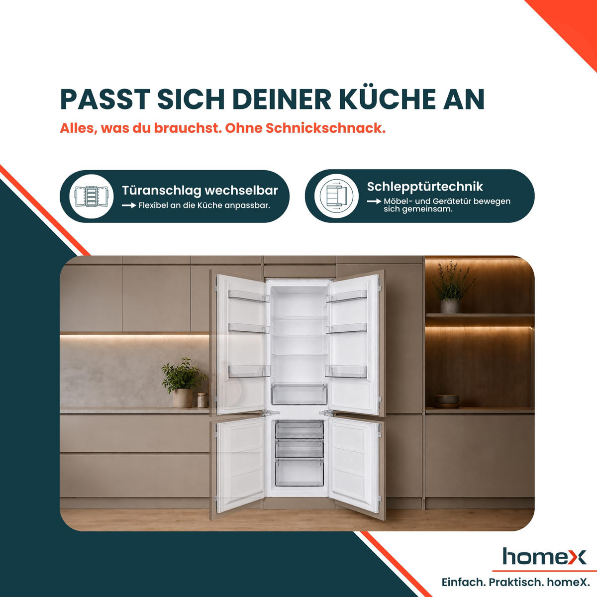 KÜHL-GEFRIER-KOMBINATION Einbau, 178cm Nische, 249 Liter, Schlepptürtechnik, Einbaukühlschrank mit Gefrierfach, CFB2491E - Weiß, Glas/Kunststoff (54/178/54cm) - homeX