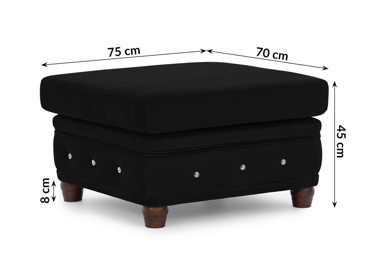 HOCKER Chesterfield Cleo Blink Schwarz Samt mit Kristallsteppung und braunen Massivholzfüßen - Schwarz/Braun, Holz/Textil (75/45/70cm) - S-Style Möbel