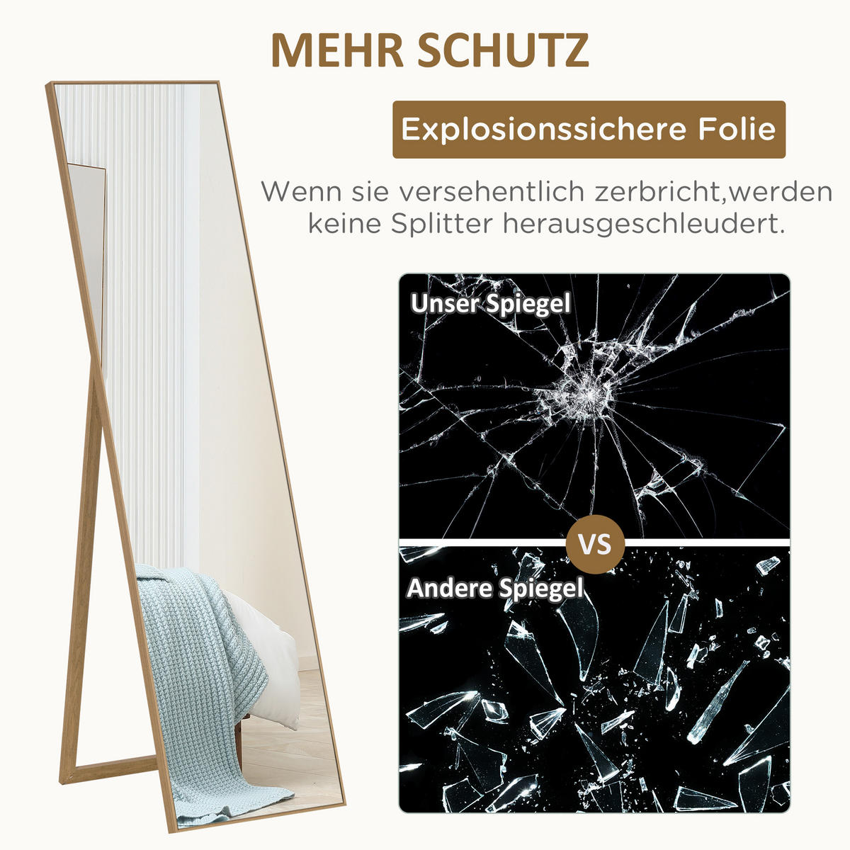 STANDSPIEGEL, Ganzkörperspiegel mit Holzmaserung, Ankleidespiegel, Hellbraun - Silberfarben, Glas (3/150/40cm) - HOMCOM