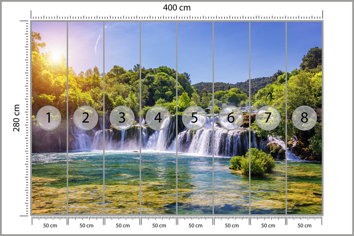 FOTOTAPETE Wasserfälle Wald Landschaft 3D 400x280 - Türkis/Blau, Papier (400/280cm) - Muralo