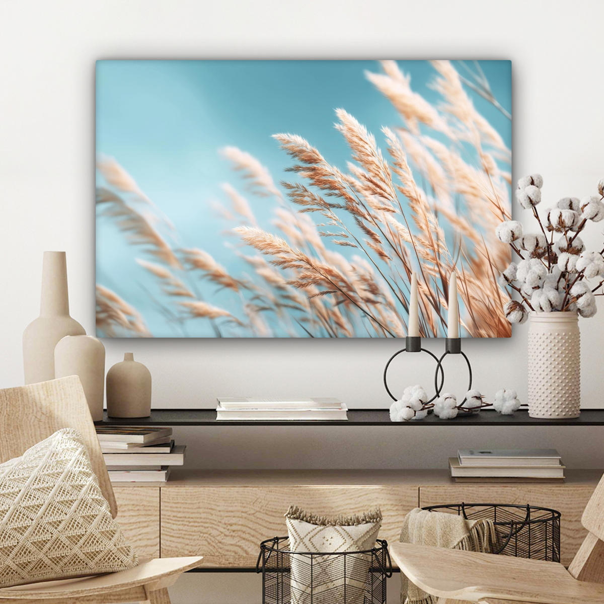 LEINWANDBILD Ziergras - Wind - Hellbraun Gemälde 60x40 cm - Hellblau, Textil (60/40cm) - MuchoWow