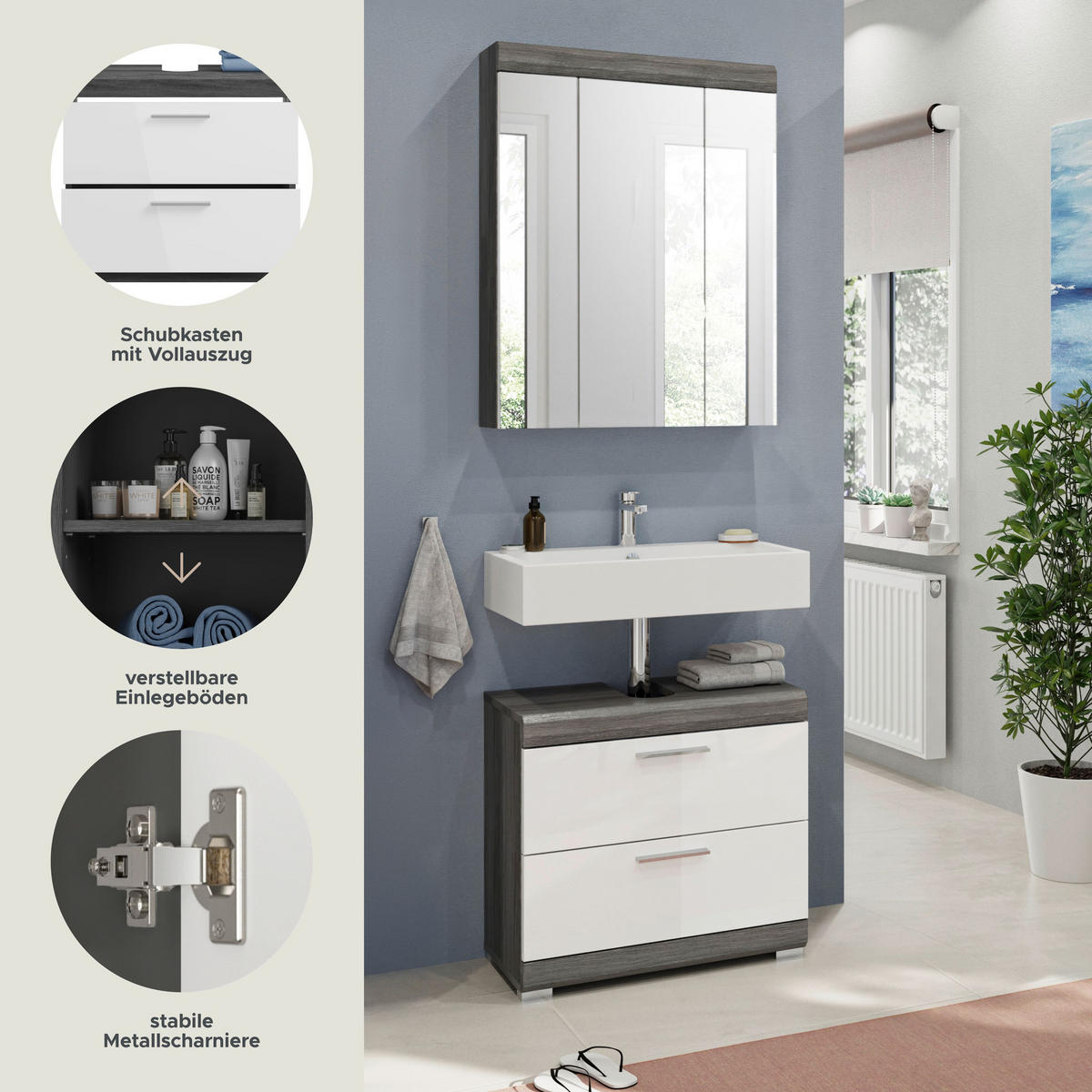 BADKOMBINATION 2tlg. Scout Bad in Rauchsilber Nachbildung und weiß hochglanz B/H/T: 60x191x34 cm - Anthrazit, Holz (60/191/37cm)