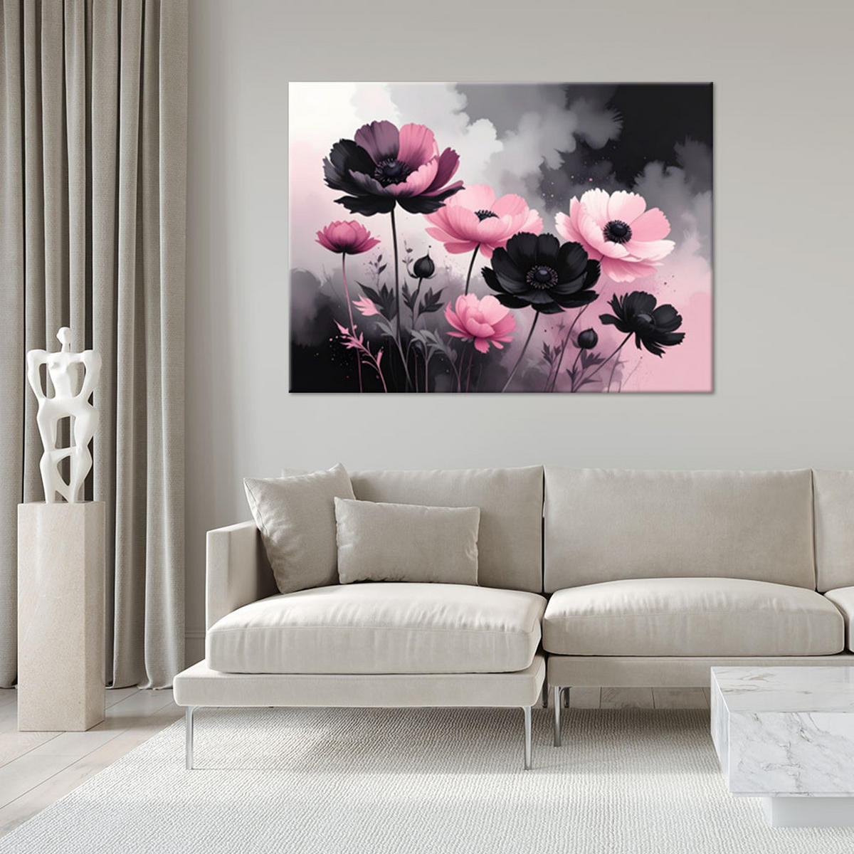 LEINWANDBILD, Rosa Blumen auf dunklem Hintergrund in einem romantischen Stil - Rosa, Textil (60/40cm) - Feeby