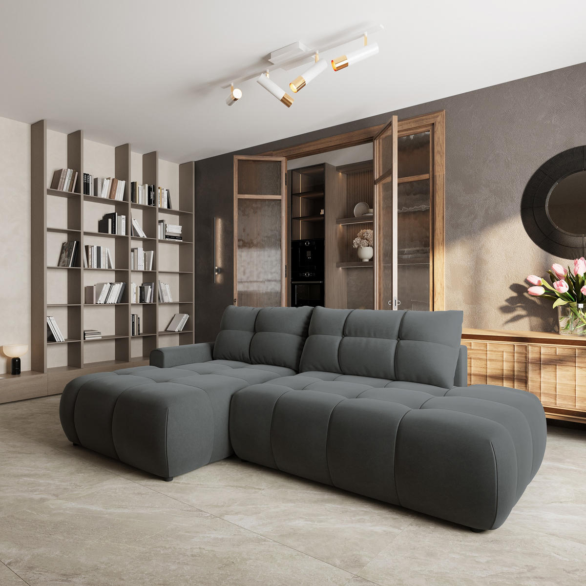 ECKSOFA FLUMA CL L-S Grau Samtstoff mit Schlaffunktion - Grau, Holzwerkstoff/Textil (279/158cm) - MASSENO