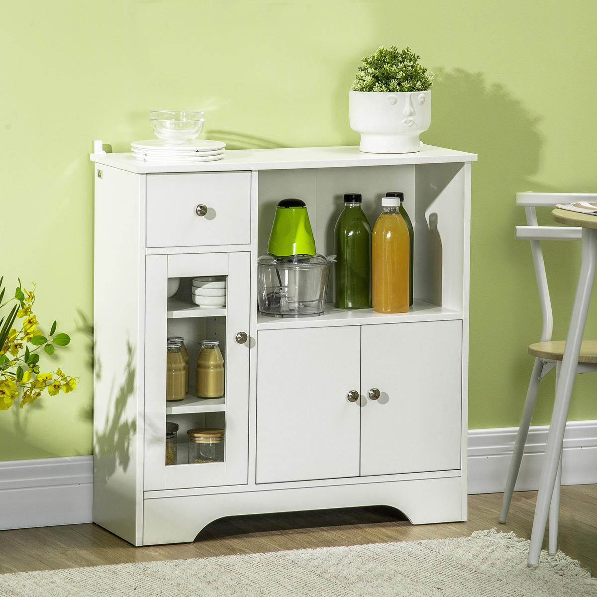 SIDEBOARD DE-11055 Glasfront, Schublade & verstellbare Böden Weiß - Weiß, Holzwerkstoff (80/82/30cm) - ComfortXL