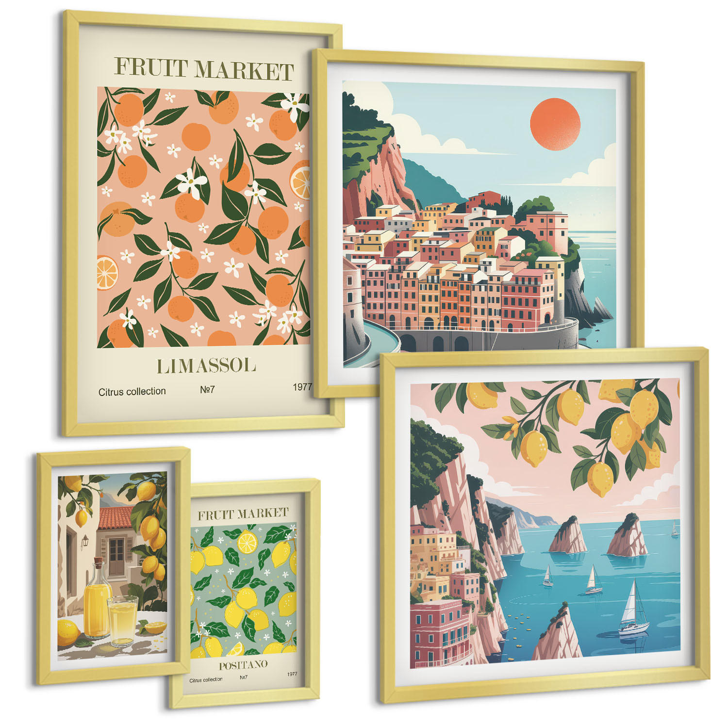 BILDER SET 5er Set - 50x50 cm & 20x30 cm & 40x60 cm Goldrahmen - Abstrakte ästhetische Berge - Goldfarben, Kunststoff (40/60cm) - TULUP