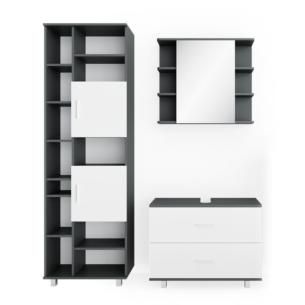 BADMÖBEL-SET Ilias Weiß/Anthrazit 3 Teile, mit Hochschrank - Anthrazit/Weiß, Holzwerkstoff (80.2/60.8/33cm) - Vicco