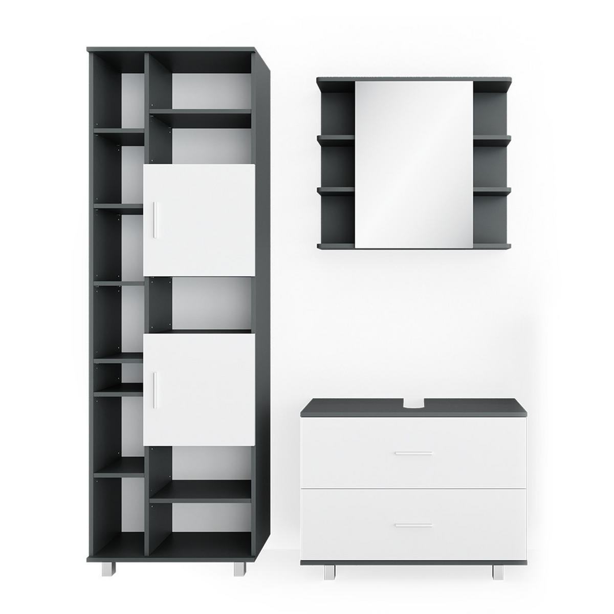 BADMÖBEL-SET Ilias Weiß/Anthrazit 3 Teile, mit Hochschrank - Anthrazit/Weiß, Holzwerkstoff (80.2/60.8/33cm) - Vicco
