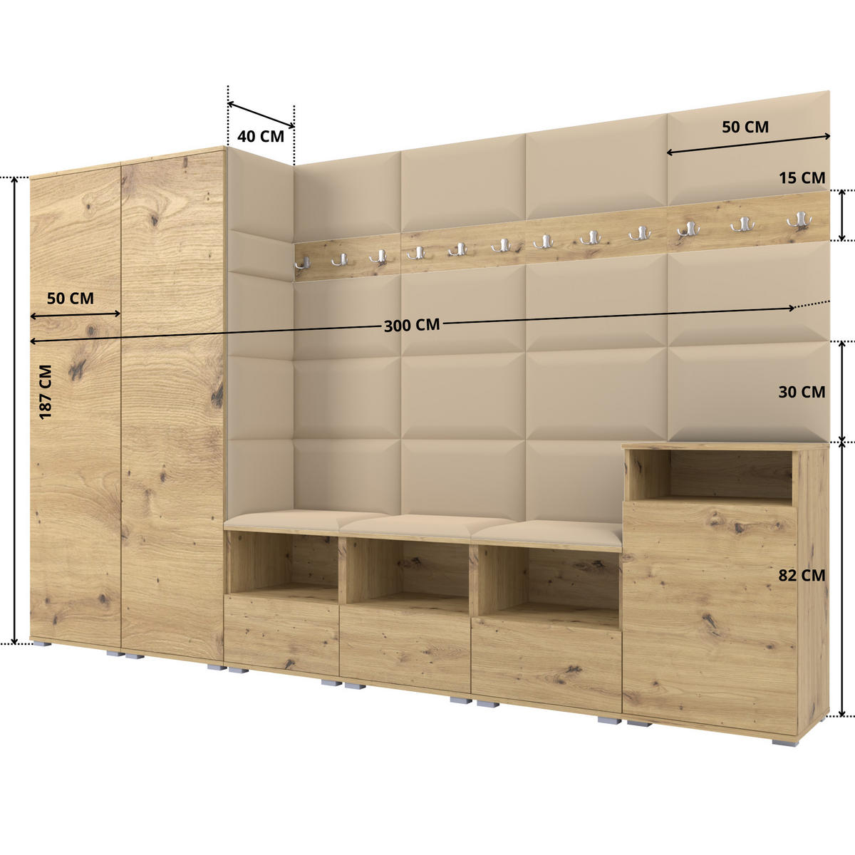 GARDEROBE NELA XII 300 cm (Modulare Flurmöbel Artisan Eiche mit Sitzpolster Beige 04 Gigantisches Set) - Beige/Silberfarben, Holz/Holzwerkstoff (300/187/40cm) - Ravio