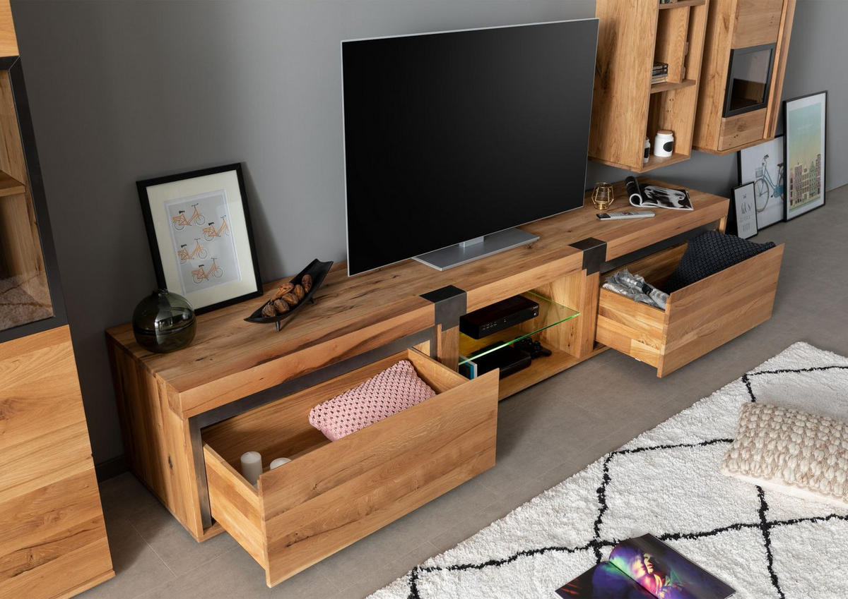 TV-BOARD Wildeiche / Zerreiche 260x48x50 natur geölt NEW AMSTERDAM #04 - Braun, Holz (260/50/48cm) - Massivmoebel24