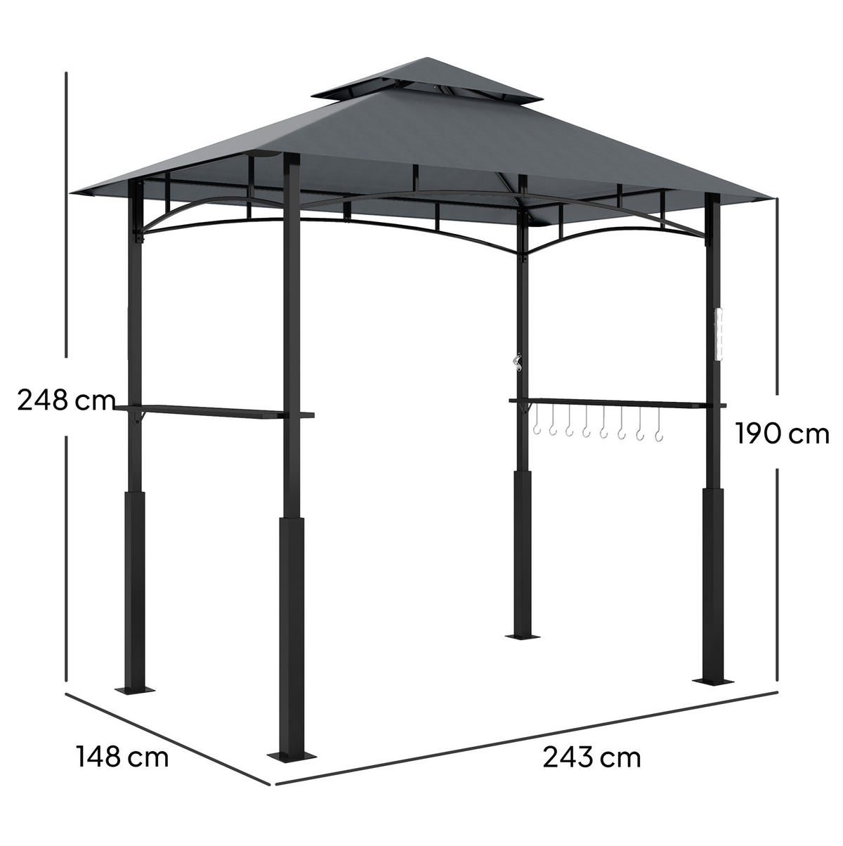GRILLPAVILLON 243/148/248 cm dunkelgrau aus Metall mit LED - Dunkelgrau, Metall (243/248/148cm) - OKWISH