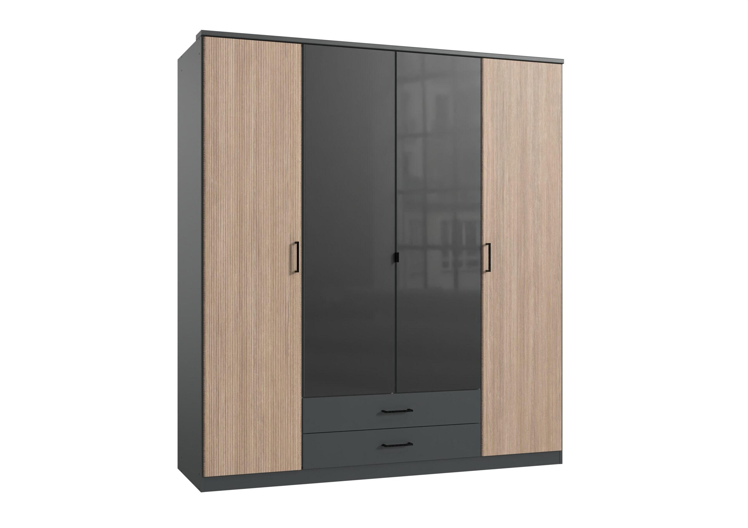 KLEIDERSCHRANK Fulda in Grafit und Multiplex 180x199x58 cm – Drehtürenschrank 4 türig mit Glasfront - Braun/Grau, Holzwerkstoff (120/200/80cm)