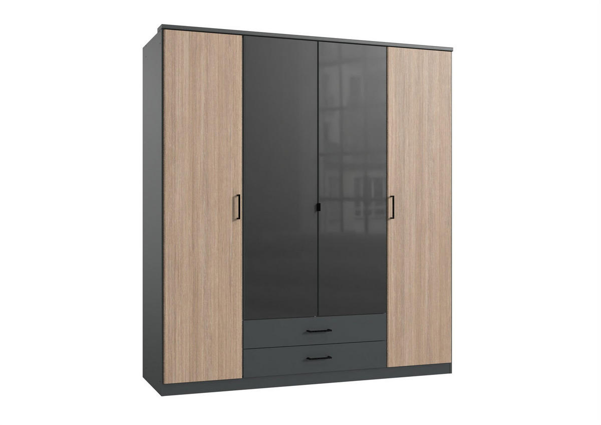 KLEIDERSCHRANK Fulda in Grafit und Multiplex 180x199x58 cm – Drehtürenschrank 4 türig mit Glasfront - Braun/Grau, Holzwerkstoff (120/200/80cm)