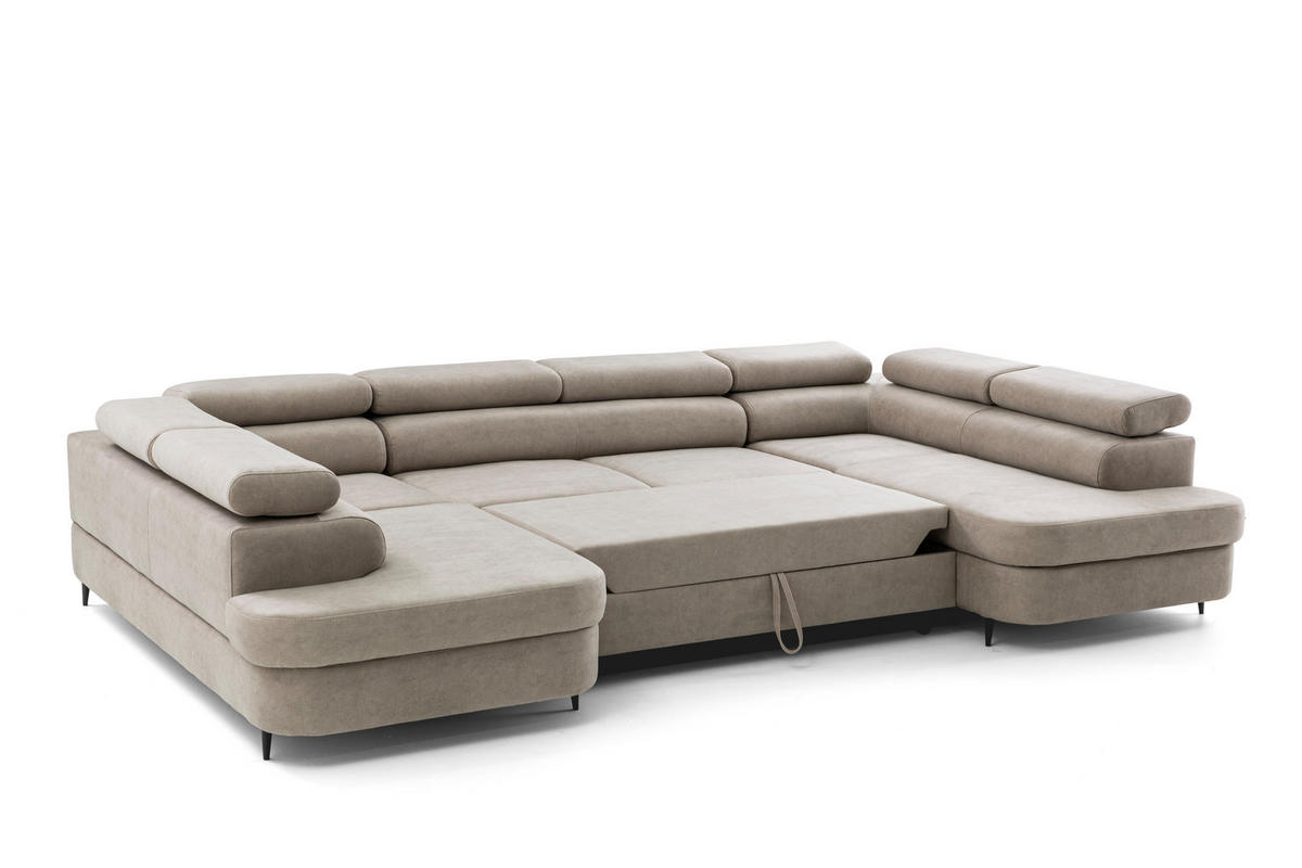 ECKSOFA U-Form PRIAM U2 mit Schlaffunktion 126x270 Velours Creme - Chromfarben/Creme, Holz/Textil (350/91/203cm) - Muffo
