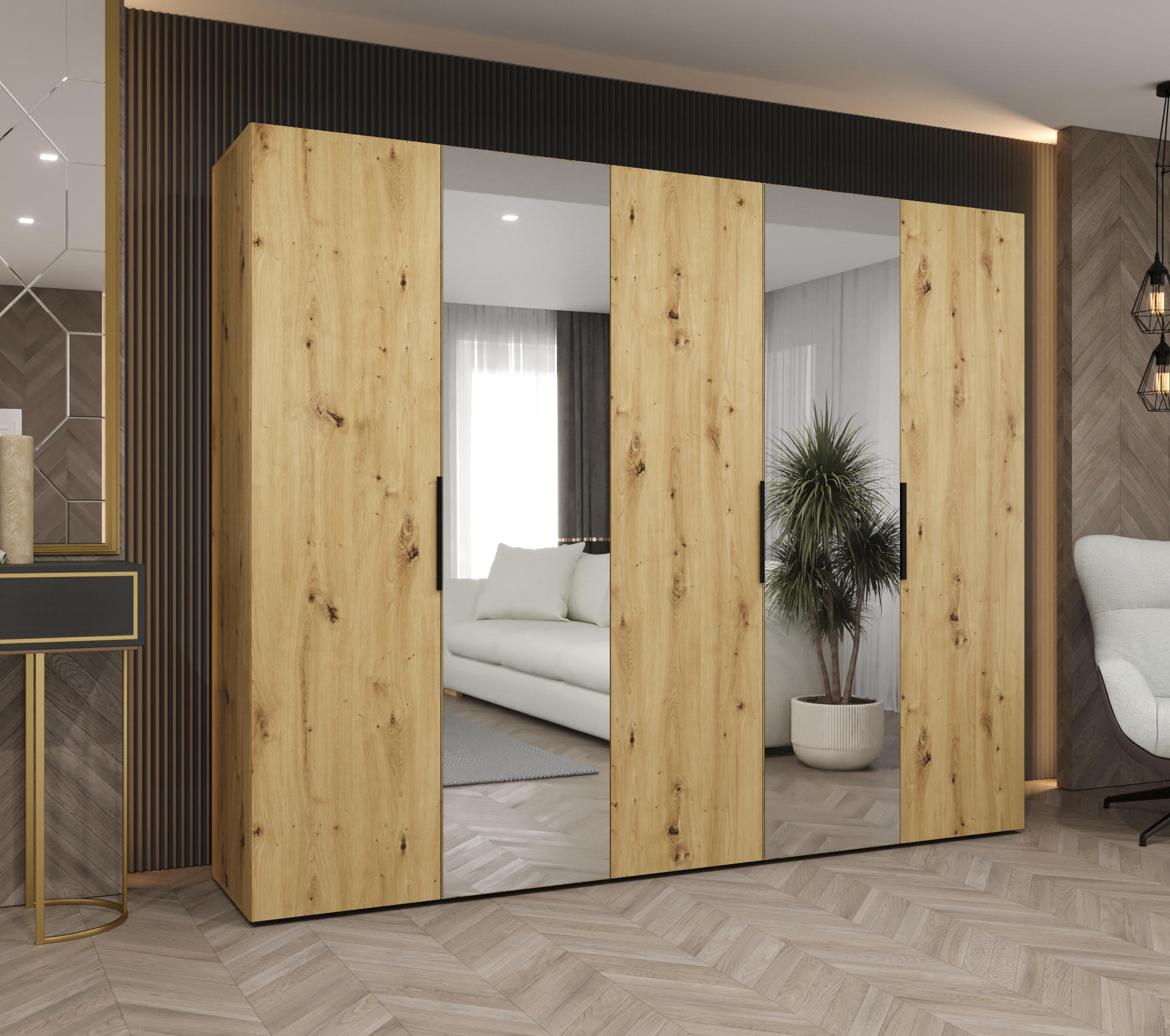 DREHTÜRENSCHRANK 202/250/52 5-türig - Kaschmir/Schwarz, Holz (250/202/52cm) - MÖBEL KRYSPOL