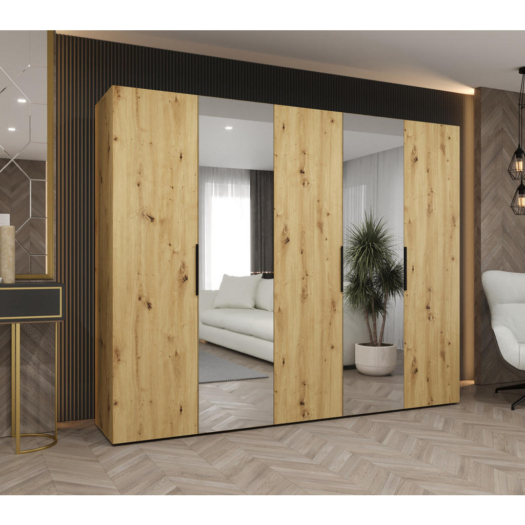 Thumbnail - Möbel Kryspol Drehtürenschrank, Eiche Artisan, Schwarz, Holz, Nachbildung, 3 Fächer, Rechteckig, 250x202x52 cm, Schlafzi...