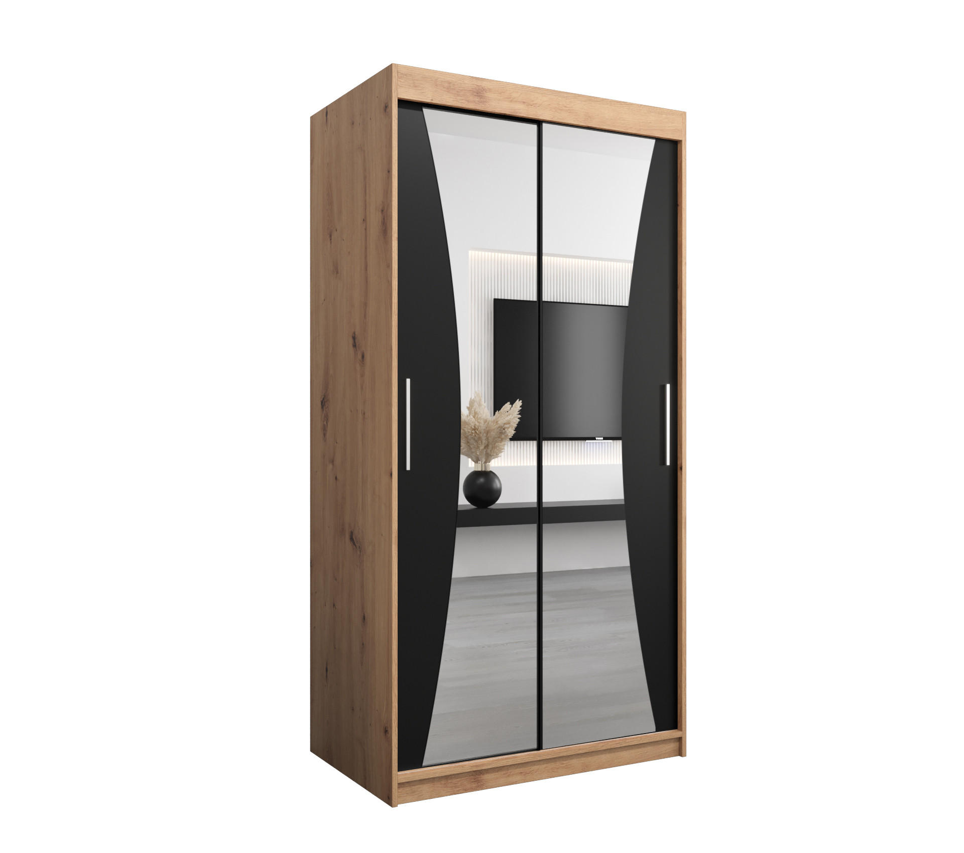 Abiks Möbel Schwebetürenschrank Eiche Artisan, Schwarz 100x200x62 cm