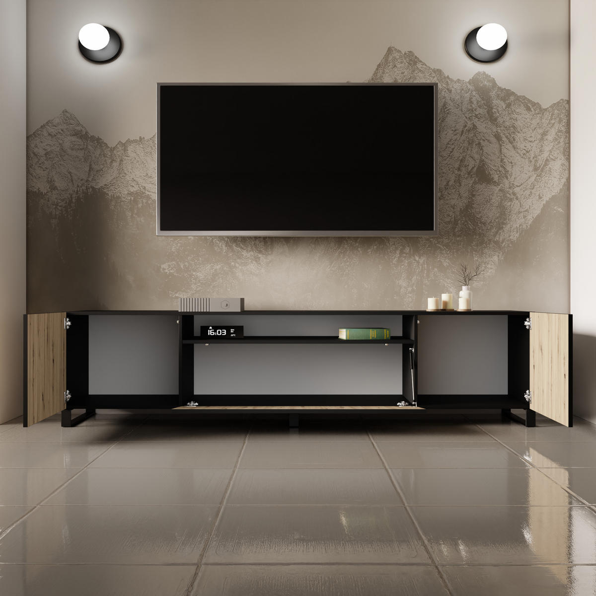 TV-SCHRANK SENTO - Schwarz/Eiche Artisan, Holzwerkstoff (200/53/41cm) - Meblini