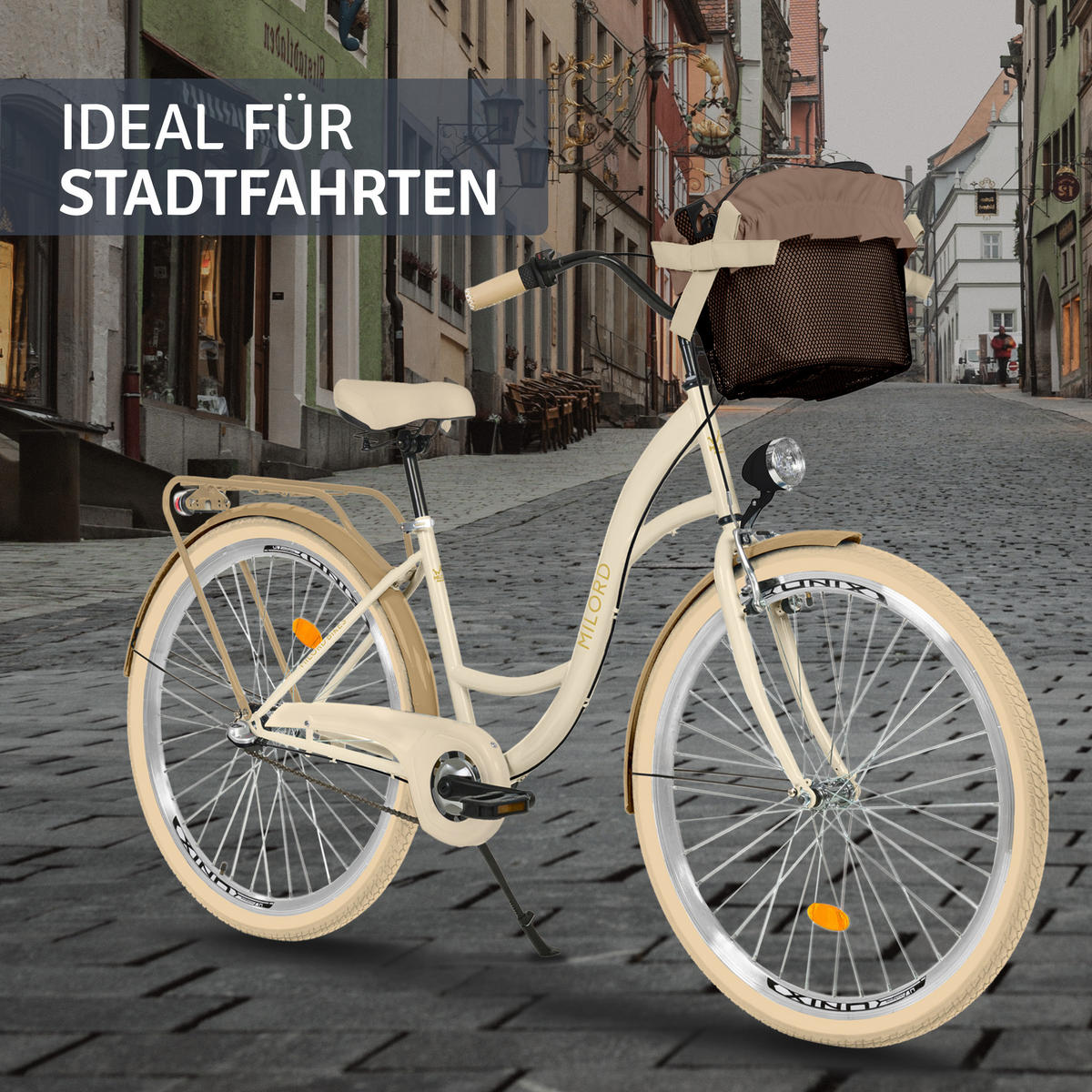 CITY-FAHRRAD Milord mit Metallkorb, 28 Zoll, Creme-Braun, 3-Gang - Creme/Braun, Metall (46cm) - Milordbikes