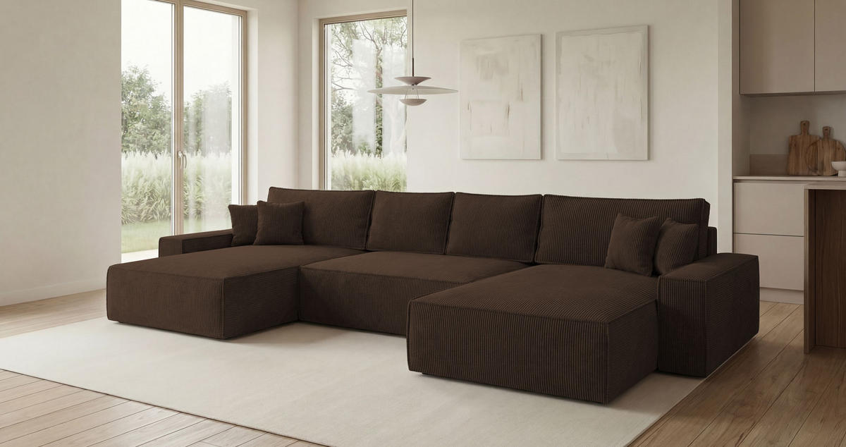 ECKSOFA CALIFORNIA U-Form braun Cord POSO 6 - Schlaffunktion, Bettkasten - Braun, Textil (385/185cm) - Cornero