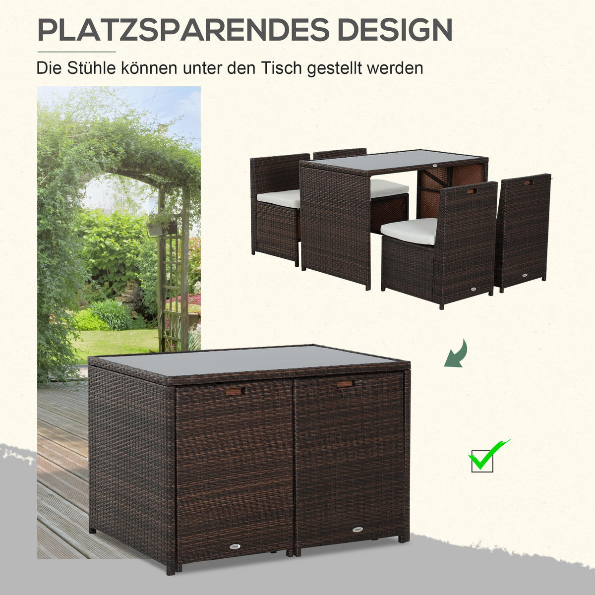 GARTENMÖBEL Set, Stahl, PE Braun+Khaki - Braun, Metall - Outsunny