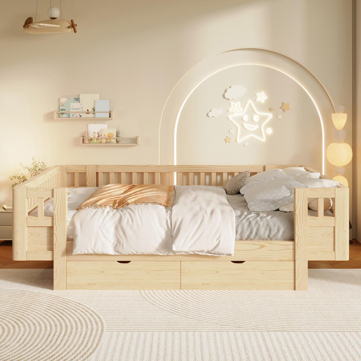 KINDERBETT 140/200 cm in Holzfarben mit 2 Schubladen Massivholz Skandi-Design - Naturfarben, Holzwerkstoff (140/200cm) - STILVORA