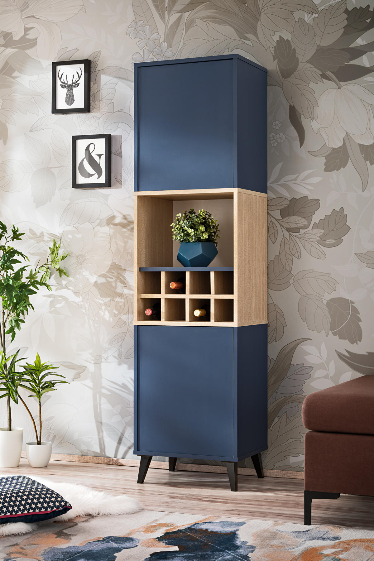 HIGHBOARD MIT WEINSCHRANK FONDI, Blau, Skandinavische Tanne - Blau/Hellbraun, Holzwerkstoff/Metall (45.8/172.6/35cm) - Komodee