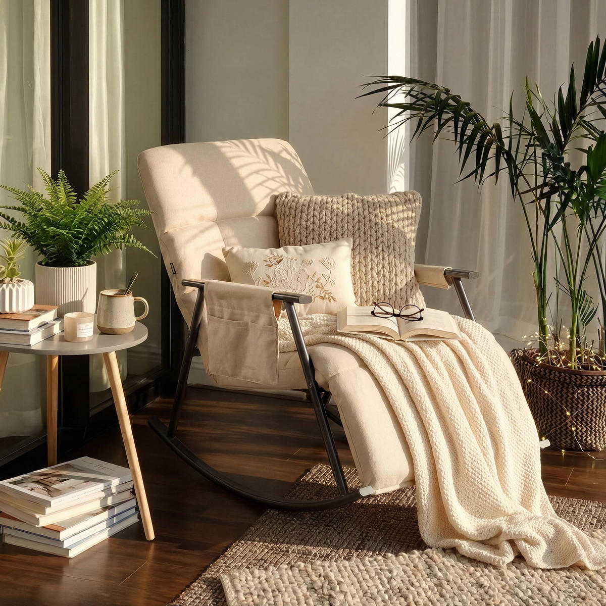 SCHAUKELSTUHL Mika Indoor 61x100x66cm Stoff Creme Liegestuhl - Creme, Kunststoff (61/66/100cm) - DELUKE